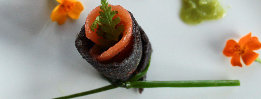 Black rice pancakes with smoked salmon