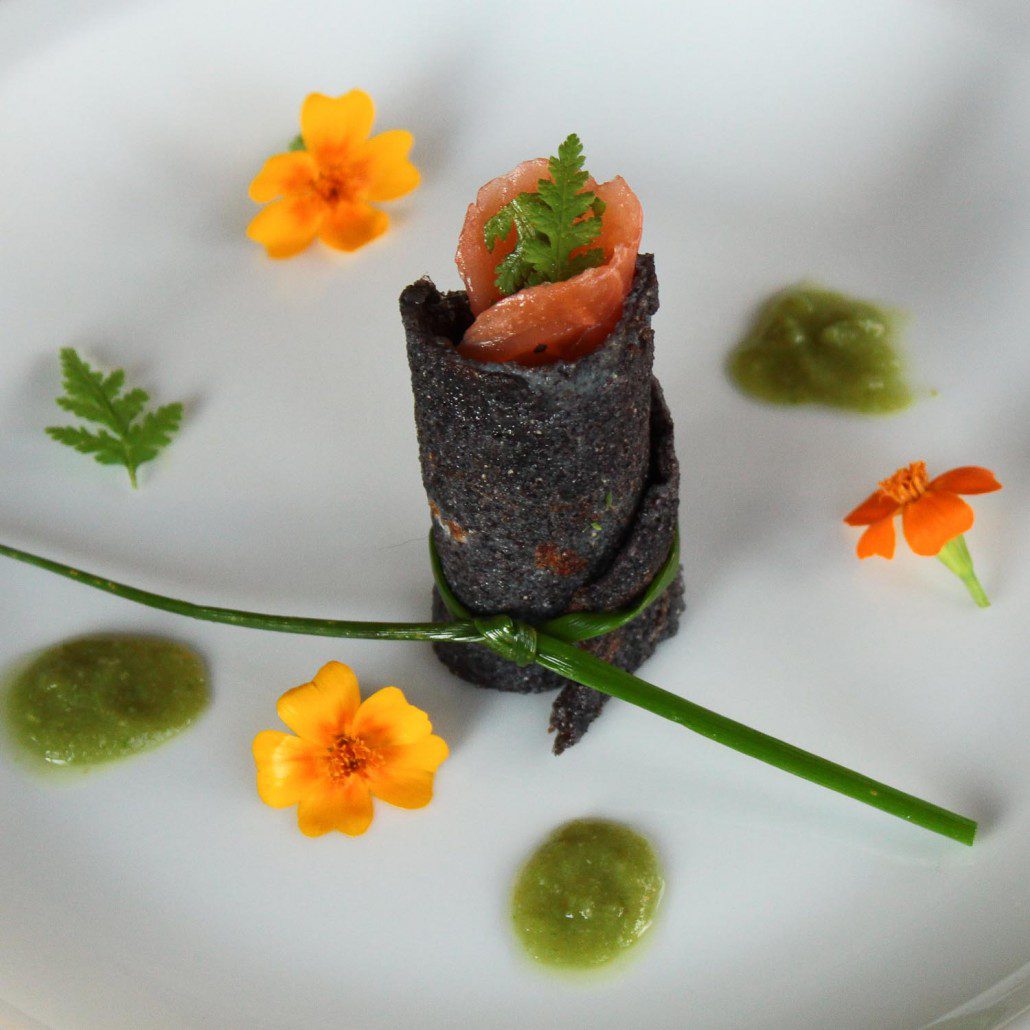 Black rice pancakes with smoked salmon