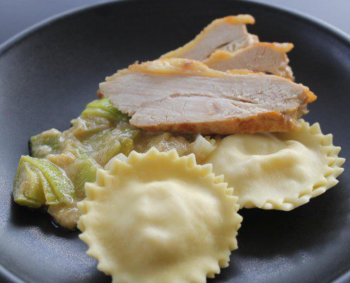 Breast of guineafowl with leeks
