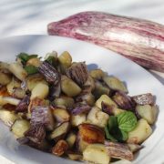 Striped aubergines in a pickle