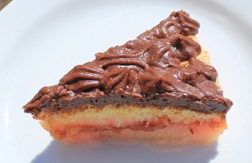 Photo of sponge cake with rhubarb and chocolate mousse