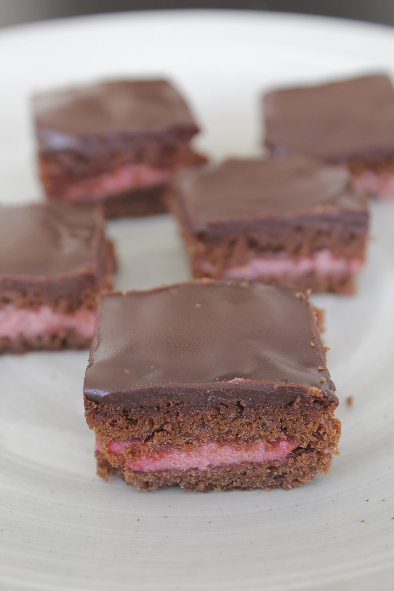 Bite sized layer cakes with chocolate and raspberry mousse.