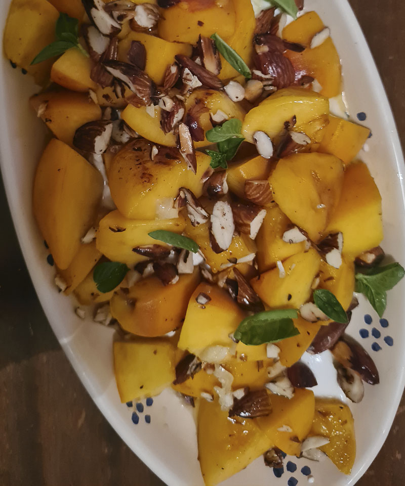 Fried peach salad with burrata, mint and roasted almonds